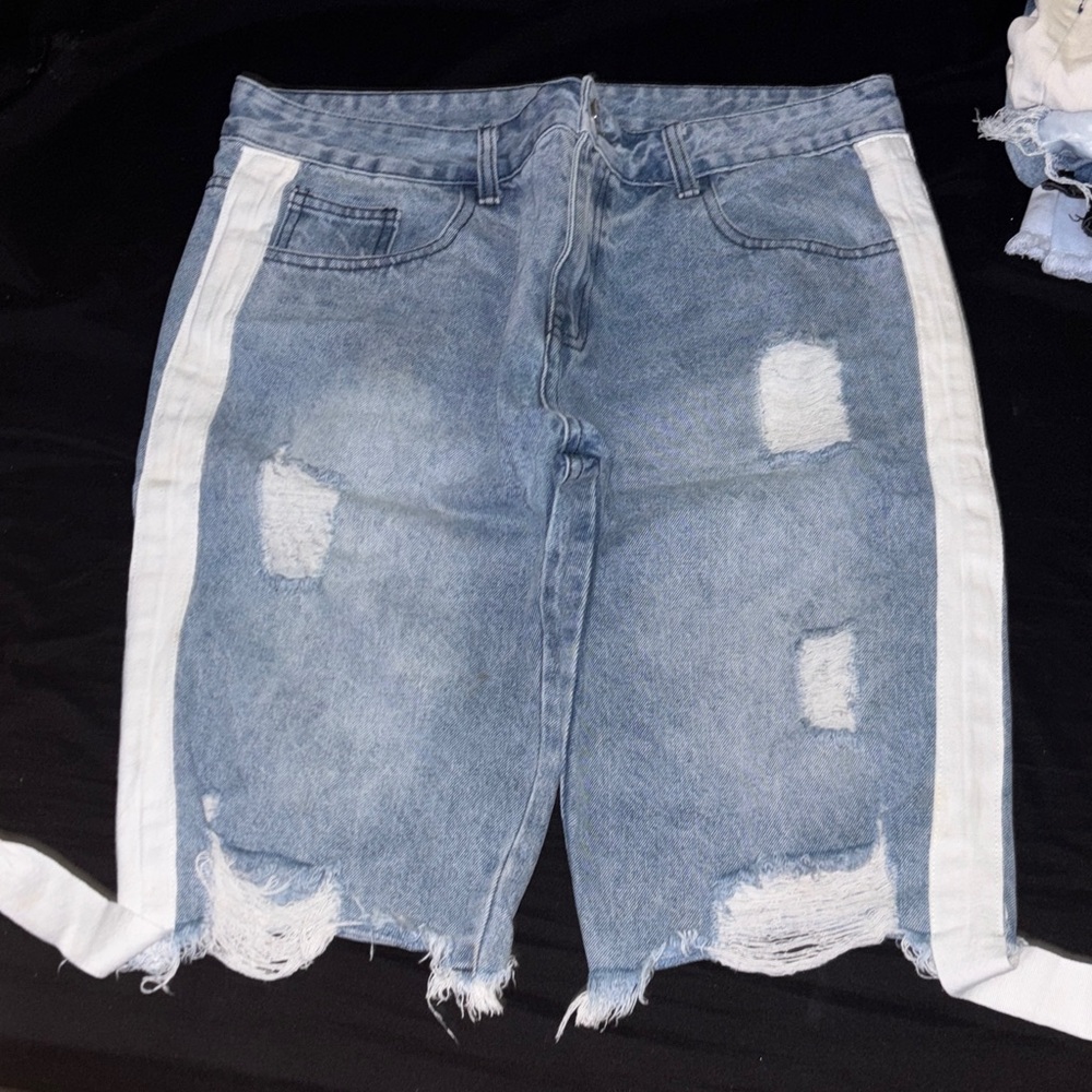 Distressed Denim Shorts with White Stripes